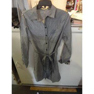 Love Notes juniors S button up dress dark gray white stripe long sleeve tie belt